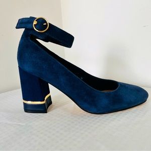 NEW Tommy Hilfiger Navy Blue Ankle Strap Leather Suede Pumps Block Heels Size 7